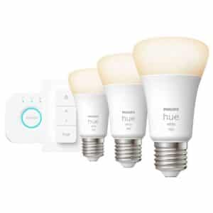 Philips Hue White E27 Starter-Set 3 x A60 + Bridge + Dimmschalter für 59,99€ (statt 68,39€).