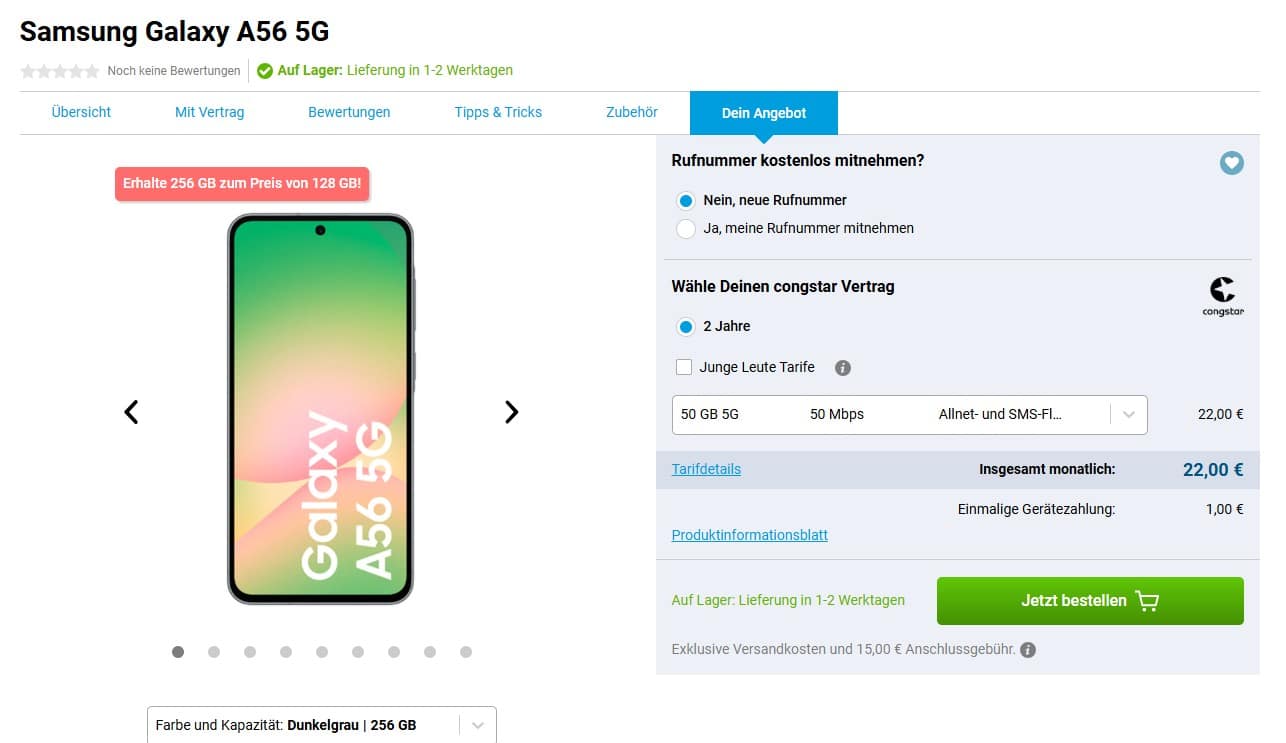 Samsung Galaxy A56 5G auf linker Seite, rechts Tarifinformationen - Angebot bei Gomibo.