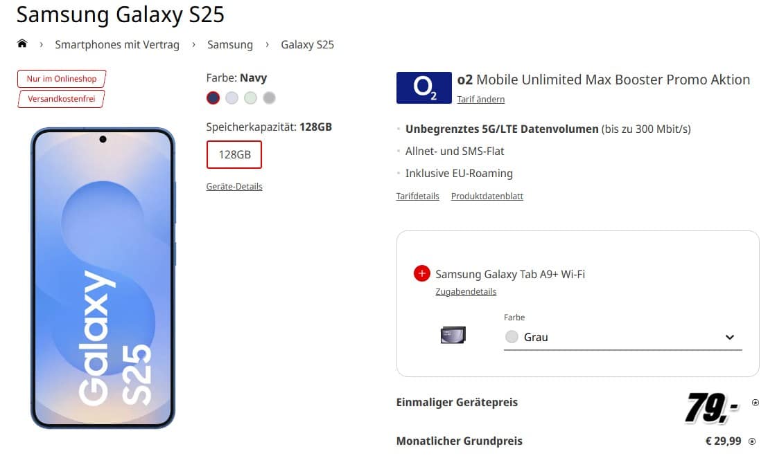 Tarifangebot bei MediaMarkt mit Samsung Galaxy S25 und Galaxy Tab A9+