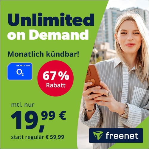 Mtl. kündbar: freenet o2 Mobile Unlimited on Demand für 19,99€/Monat