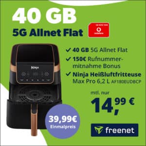 🍟 Ninja Airfryer MAX PRO 6,2 L für 39,99€ + 40GB 5G Allnet für 14,99€/Monat + 150€ Wechselbonus + 0€ AP (Freenet Vodafone Allnet)