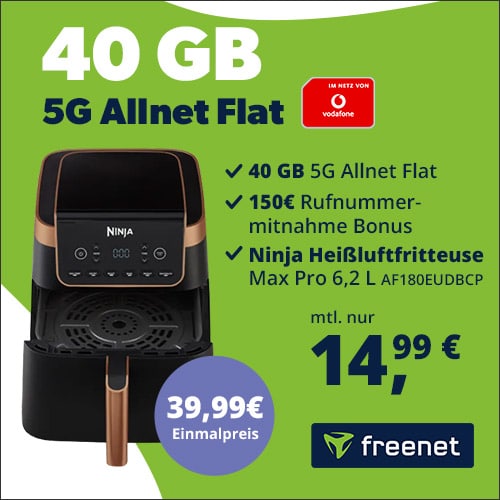 Thumbnail 🍟 Ninja Airfryer MAX PRO 6,2 L für 39,99€ + 40GB 5G Allnet für 14,99€/Monat + 150€ Wechselbonus + 0€ AP (Freenet Vodafone Allnet)