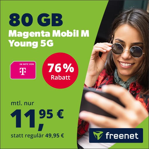 Thumbnail Telekom-Netz: Magenta Mobil M Young 5G mit 80GB LTE für 11,95€/Monat / Magenta Mobil L Young 5G mit 160GB für 14,95€/Monat