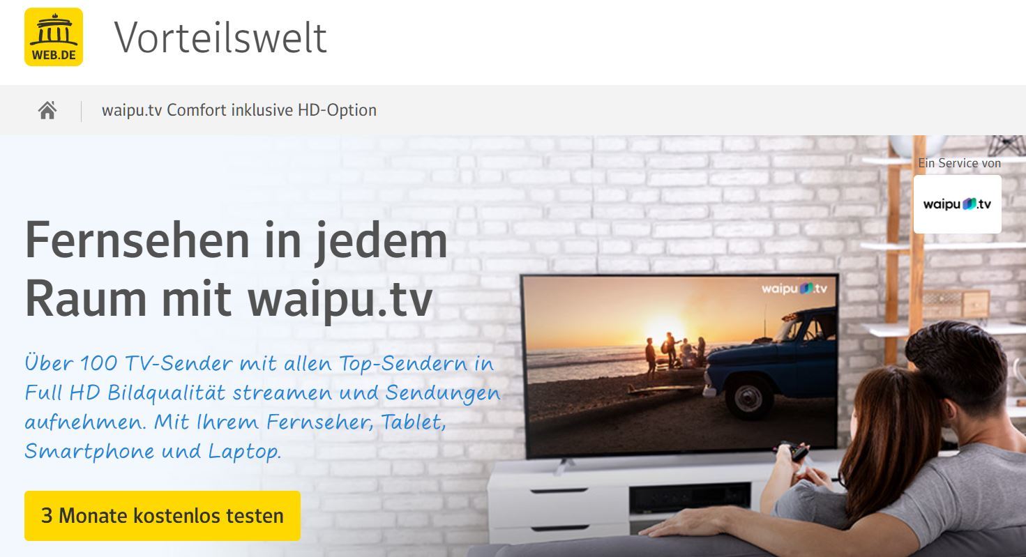 web.de: 3 kostenlos Monate waipu.tv