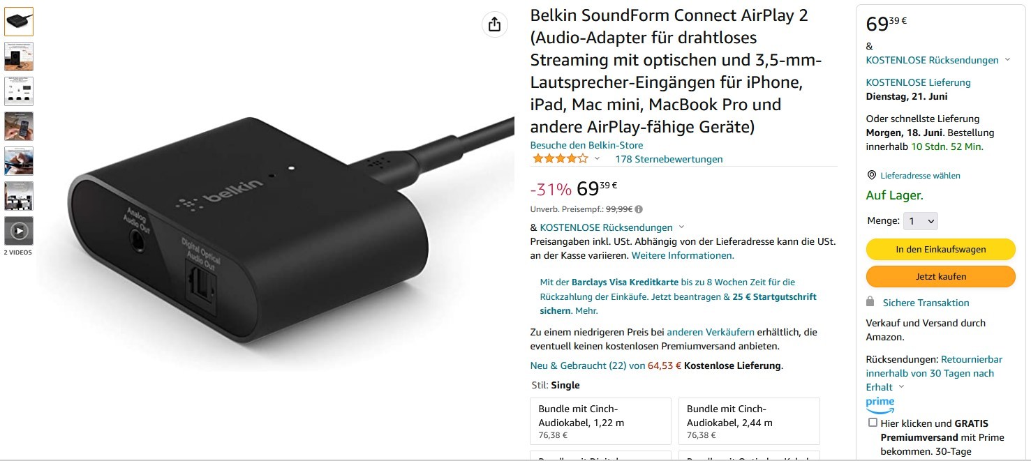 Belkin Adapter SOUNDFORM Connect Audio mit AirPlay 2
