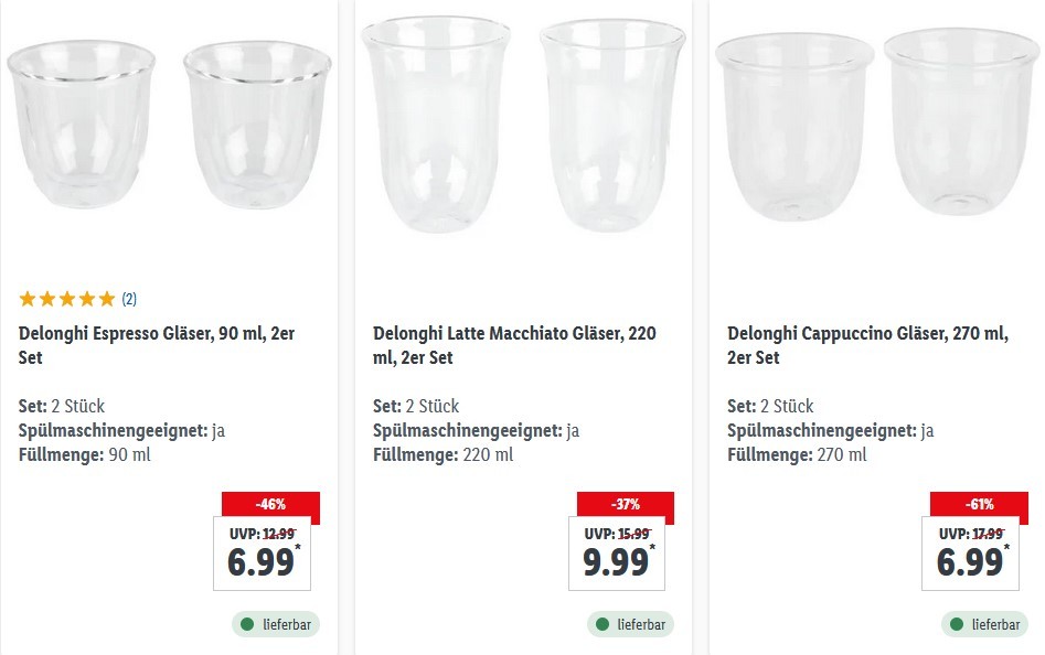 Delonghi Cappuccino Gläser, € ml, 15€) (statt 11,94 2er Set für 270