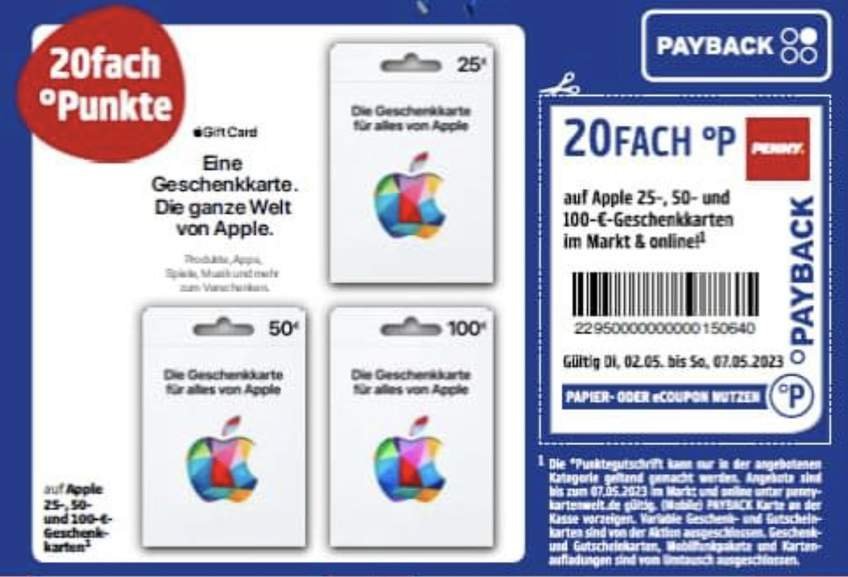 Penny] 20-fach Payback Punkte auf Apple Gift Cards Guthaben