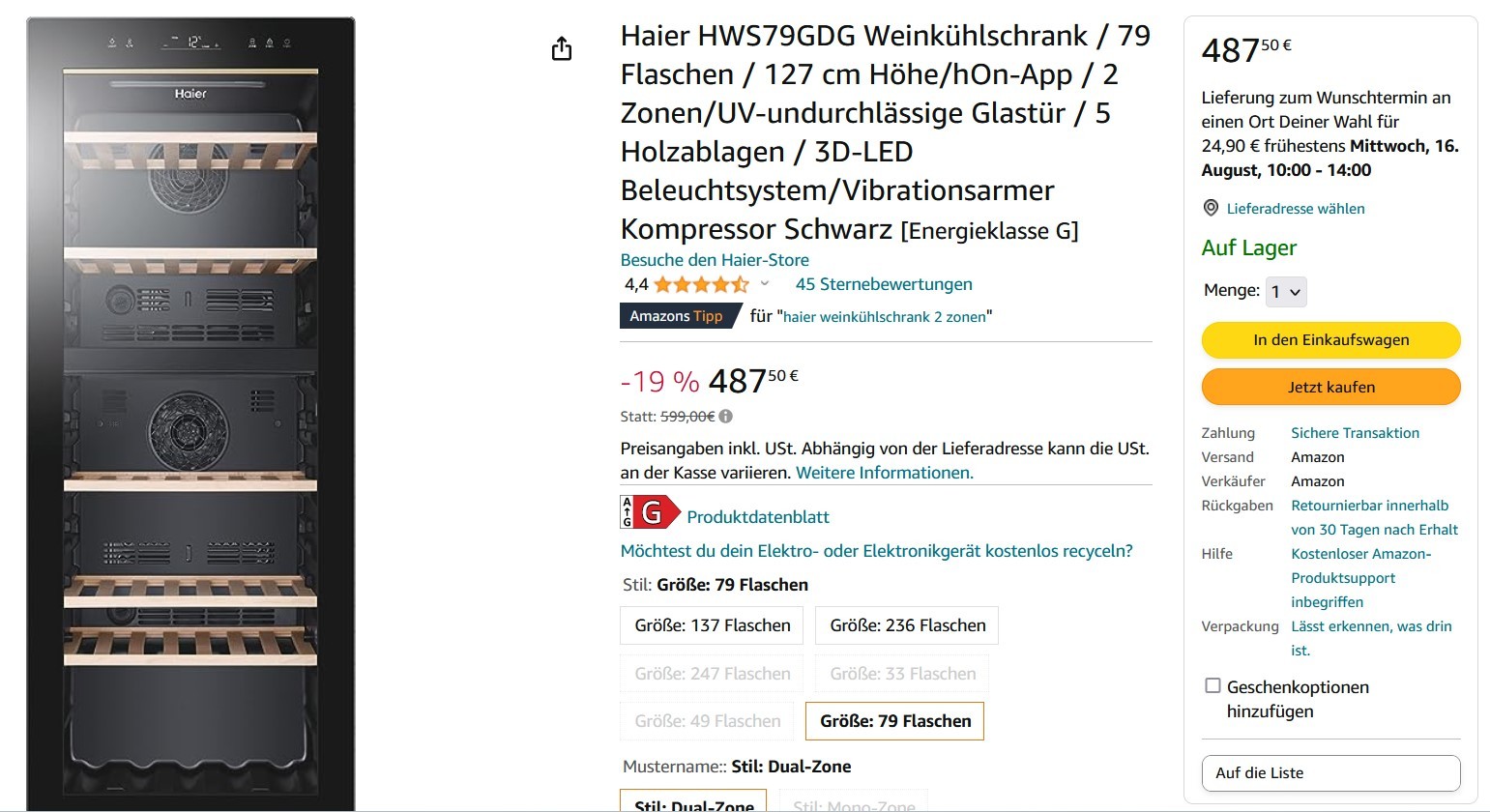 Flaschen Zonen bis Kompressor | HWS79GDG Feuchtigkeitsregulierung statt Vibrationsarmer zu 79 | | | Weinklimaschrank | 599€ Haier Anti-UV-Glastür 2 399€ |