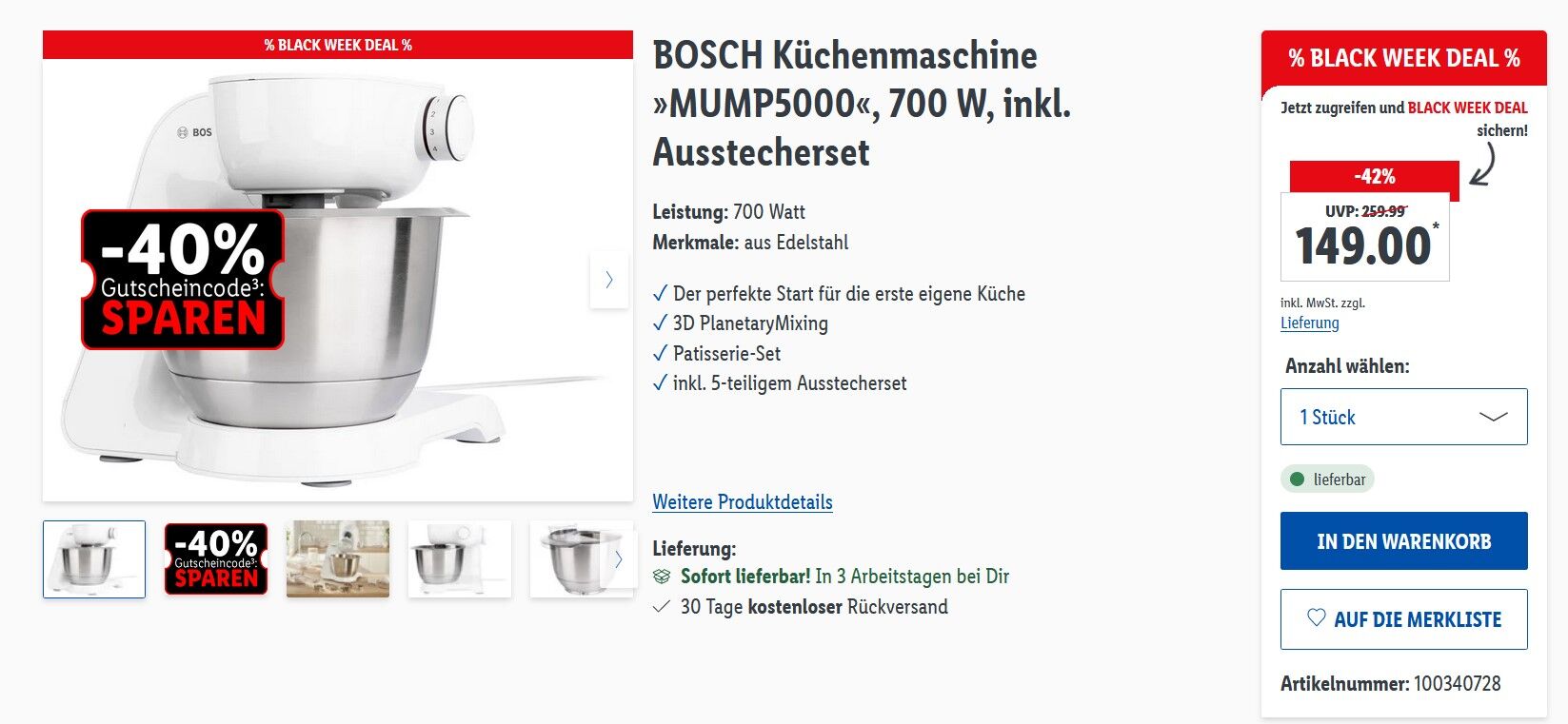BOSCH für »MUMP5000« inkl. Küchenmaschine 95,35€ Ausstecherset