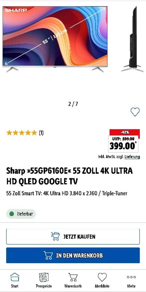 Sharp 55GP6160E 4K ULTRA HD für GOOGLE QLED statt (55 Zoll) TV 509,61€ 403,95€