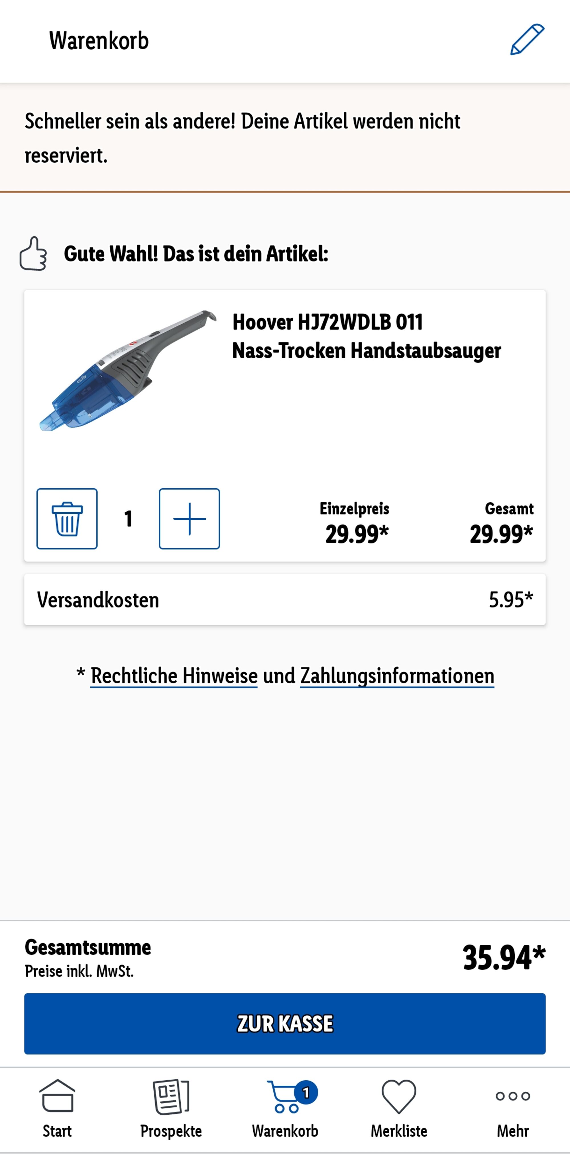 (statt 58€) Hoover Nass-Trocken 011 HJ72WDLB für Handstaubsauger 35,94€