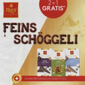 2+1 Gratis Coupon für den Kauf von Frey Schokolade oder Biscuits