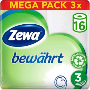 Zewa Toilettenpapier trocken bewährt, weiß, 3-lagig, 3er Pack (3 x 16 Stück) ab 13,47€