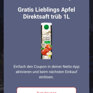 Netto Adventskalender- „Lieblings Apfel Direktsaft trüb 1L“ - kostenlos in der App