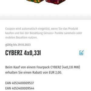 2€ Rabatt für 4 Pack Cyberz Biermix Edeka Südbayern