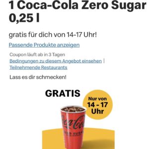 Mc Donalds: gratis Coca Cola Zero- heute von 14-17 Uhr