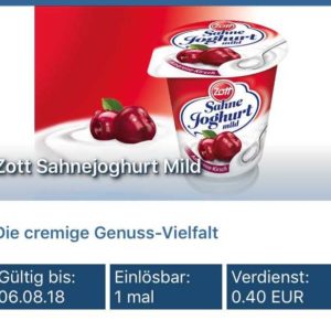 Reebate: 0,40€ Cashback auf Zott Sahnejoghurt mild, Kauf mit Gewinn möglich :-)