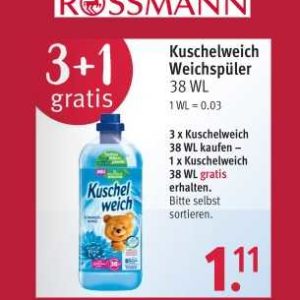 Rossmann: 3 + 1 Gratis Aktion Kuschelweich Weichspüler 38WL (28.03. – 01.04.2022 / online bereits ab dem 26.03.)