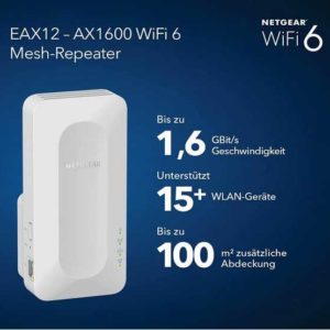 Netgear EAX12 AX1600 4-Stream WiFi 6 Mesh Extender (Steckdosenformat) für 39,90€ statt 54€