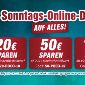 POCO Möbel Online Gutschein - 20€ ab 100€ MBW | 50€ ab 225€ MBW | 100€ ab 450€ MBW - z.B. Hoover Wärmepumpentrockner HLE H8A2TE-S (8kg) für 328€ statt 488€