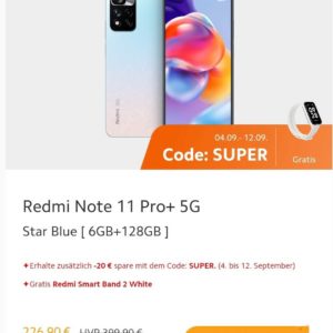 Xiaomi Redmi Note 11 Pro+ 5G Star Blue (6GB + 128GB) inkl. Redmi Smart Band 2 White für 226,90€ statt 259,99€