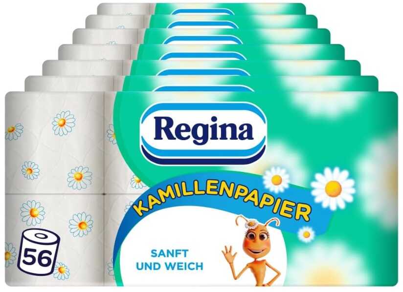 Regina Kamillenpapier - 3-lagiges Toilettenpapier - 56 Rollen-Packung (7 x 8 Einzelpackungen) - 150 Blatt pro Rolle