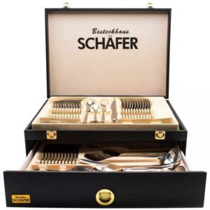 Poco: 72-teiliges Schäfer Besteck-Set Mirror&#043;Gold 18/10 mit Holzkoffer für 86,49€ (statt 109,90€)