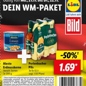 Lidl: 3 Liter Bier &amp; 200-g-Dose Erdnüsse zum 50%-Vorteilspreis von 1,69 Euro!