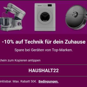 eBay: 10% auf Technik für dein Zuhause z.B. Siemens, Bosch, AEG, Philips, Beko Hoover, Sharp, iRobot, Haier, Medion