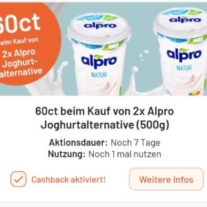 smhaggle: 0,60€ Cashback beim Kauf von 2x Alpro Joghurtalternative (500g) –&gt; dank Rewe/Kaufland effektiv für 1,19€/Stück