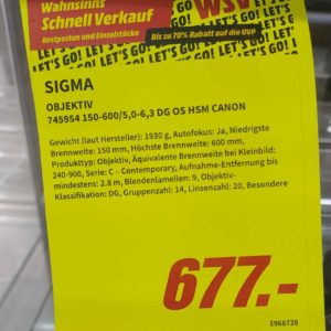 SUPERSCHNÄPPCHEN für Berliner Hobby-Fotografen: Sigma 150-600mm f/5-6.3 HSM DG OS Contemporary für Canon EF/ EF-S  &gt;   677 € statt 945 € aktuellem Idealo-Bestpreis = - 28 % !