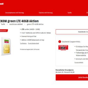 Telekom Tarif-Aktion mit 50GB LTE &#043; mtl. 39,99€ &#043; 39,99 Anschlussgebühr &#043; 450€ Media Markt Gutschein