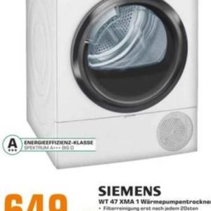 Saturn ab 25.01. 20:00 Uhr: SIEMENS WT47XMA1 Wärmepumpentrockner (8 kg, A&#043;&#043;&#043;) für 649,00€ statt 749,00€ versandkostenfrei und mit 0%-Finanzierung