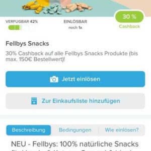 30% Cashback bei Fellby Tier Snacks über Marktguru App