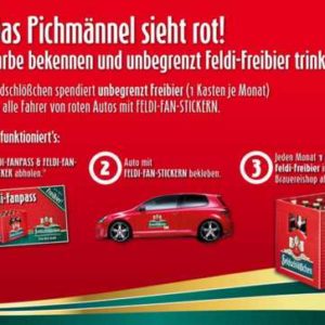 GRATIS monatlich Freibier: 1 Kasten Feldschlößchen (Pils, Export, Radler,etc.) kostenfrei für Aufkleber auf rotem Kfz aus Sachsen, Thüringen, Berlin, Brandenburg, Sachsen-Anhalt und Niedersachsen -regional-