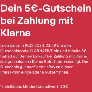 ebay 5€ Rabatt durch Klarna Zahlung ab 20€