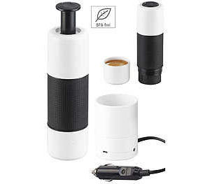 Pearl: Rosenstein &amp; Söhne Manueller Mini-Espresso-Maker mit 12-Volt-Wassererhitzer, 10 g/100 ml (12,99€ statt 29,99€ + VSK)