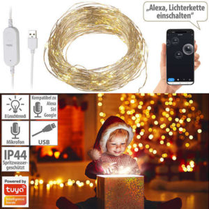 Pearl: Luminea Home Control WLAN-Kupferdraht-Lichterkette mit 100 LEDs, 8 Modi, Timer, App, 10 m für €1,99 statt €9,99 &#043; VSK